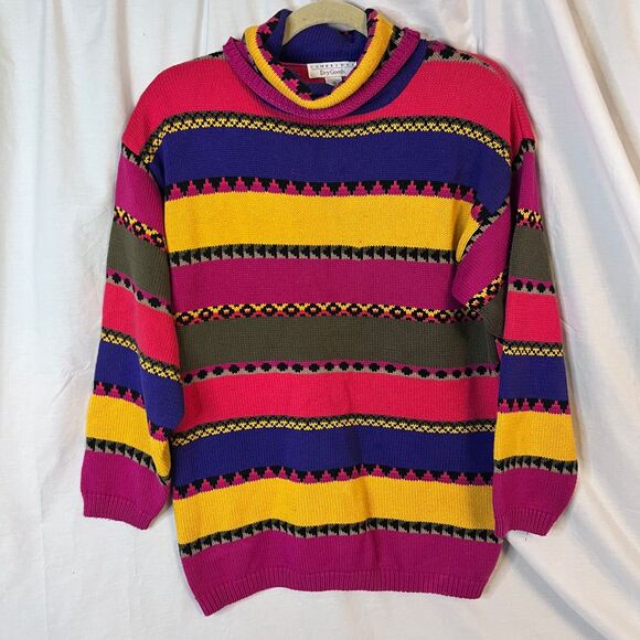 Cambridge Dry Goods Womens Sweater Sz Medium Pink Stripe‎ Turtleneck Heavyweight - Picture 1 of 5